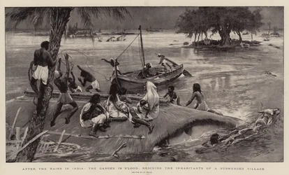 After the Rains in India, the Ganges in Flood, Rescuing the Inhabitants of a Submerged Village